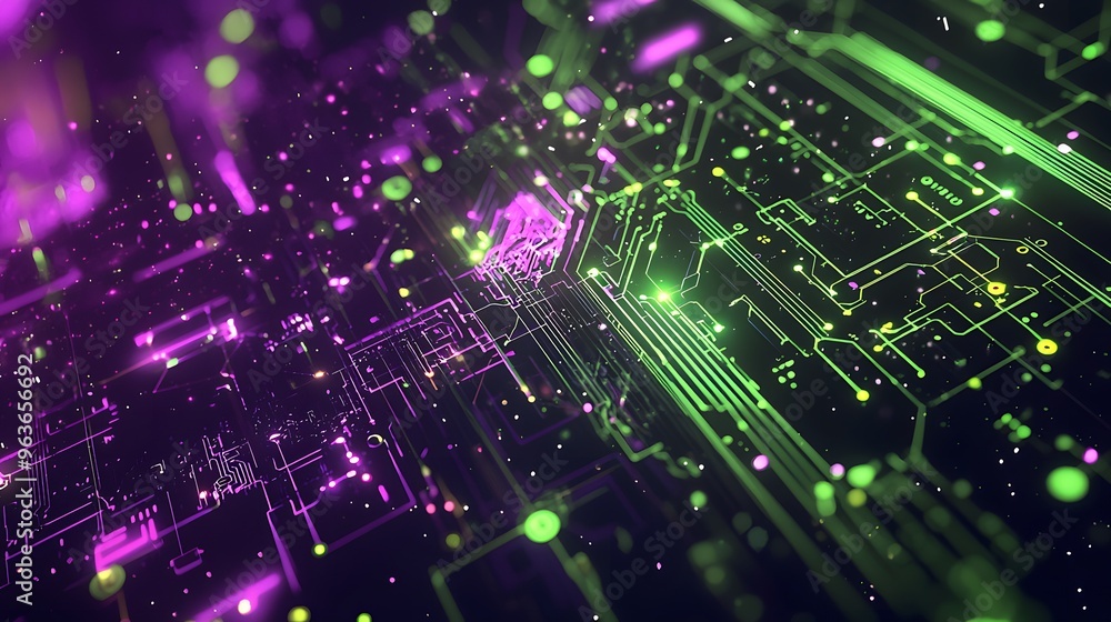 Abstract Circuit Board with Green and Purple Lights. Abstract Circuit Board with Green and Purple Lights.