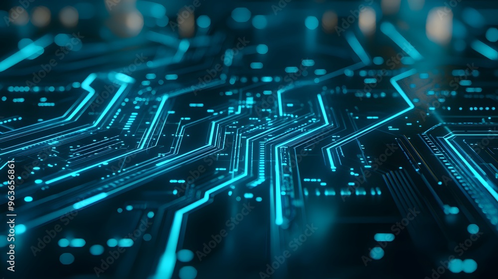 Abstract Futuristic Circuit Board with Glowing Blue Lines.