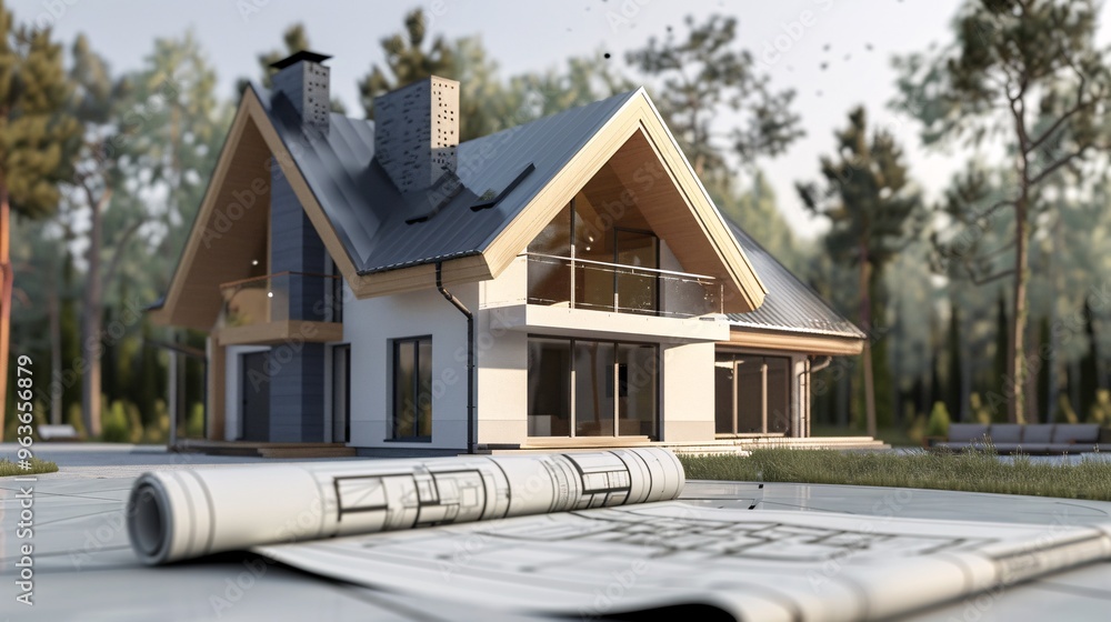 Modern House Design with Blueprint in a Forest Setting Modern House Design with Blueprint in a Forest Setting