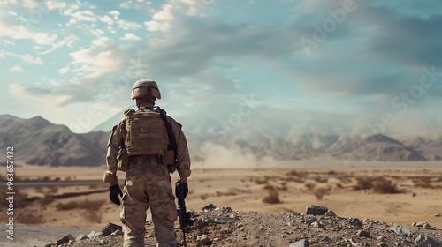 A soldier on a peace mission in a desert environment photo