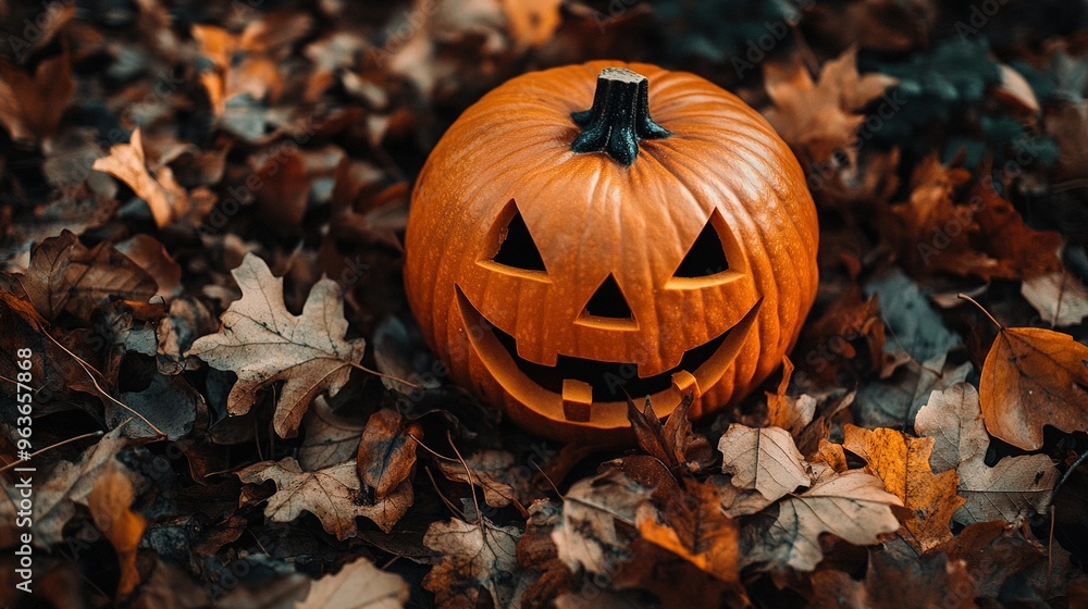 A Halloween jack-o'-lantern surrounded by autumn leaves, creating a cozy, spooky atmosphere. A Halloween jack-o'-lantern surrounded by autumn leaves, creating a cozy, spooky atmosphere.