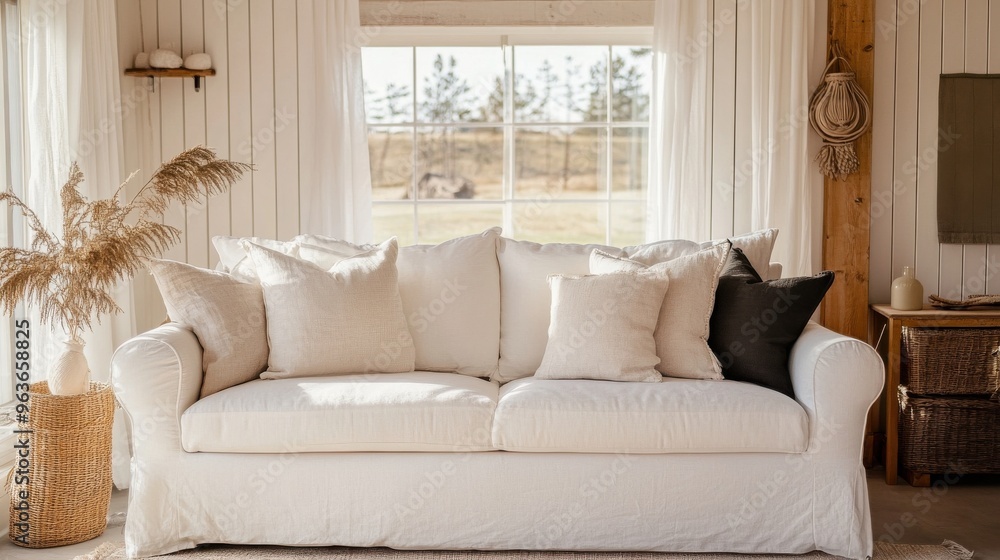 Fototapeta premium A comfortable living room featuring a white couch decorated with plush pillows.