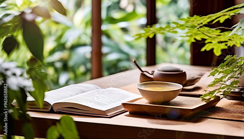 Teacups on the table in a reading room surrounded by nature and trees. Japanese style atmosphere.