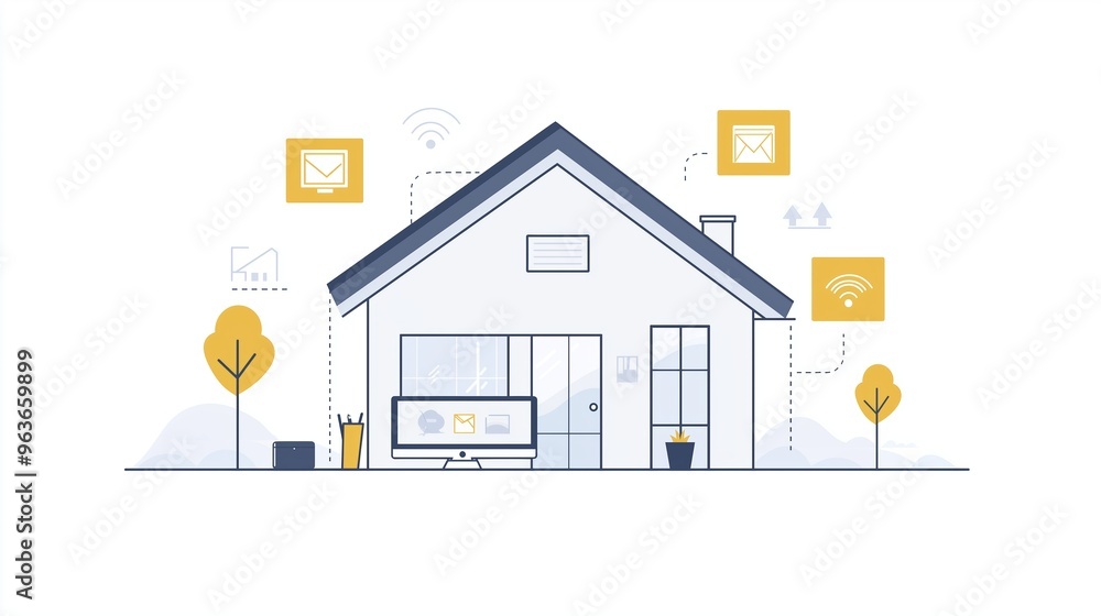 Illustration of a home office setup featuring a house, computer, and virtual communication icons in a flat design Illustration of a home office setup featuring a house, computer, and virtual communication icons in a flat design