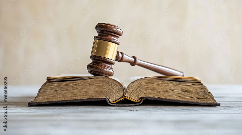An open law book accompanied by a wooden judge's gavel on a polished table, representing the essence of courtroom justice and legal proceedings in a formal law enforcement setting An open law book accompanied by a wooden judge's gavel on a polished table, representing the essence of courtroom justice and legal proceedings in a formal law enforcement setting