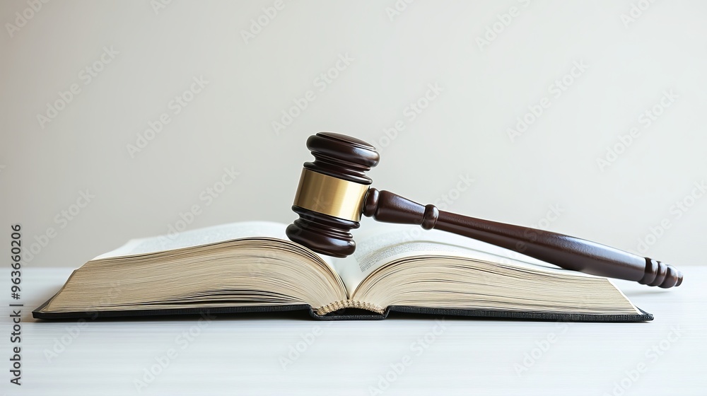 An open law book accompanied by a wooden judge's gavel on a polished table, representing the essence of courtroom justice and legal proceedings in a formal law enforcement setting An open law book accompanied by a wooden judge's gavel on a polished table, representing the essence of courtroom justice and legal proceedings in a formal law enforcement setting