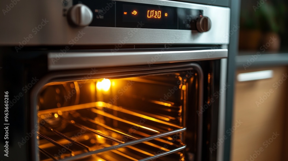 An interior view of a modern microwave in use. Home appliances with adjustable focus on the metal grip and digital display control panel for baking or cooking times An interior view of a modern microwave in use. Home appliances with adjustable focus on the metal grip and digital display control panel for baking or cooking times