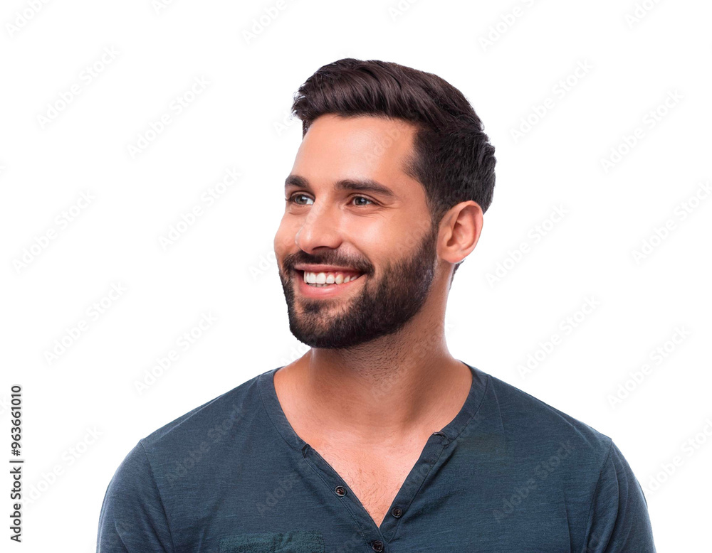 Handsome man, Happy guy, close-up, looking left, white background. Handsome man, Happy guy, close-up, looking left, white background.
