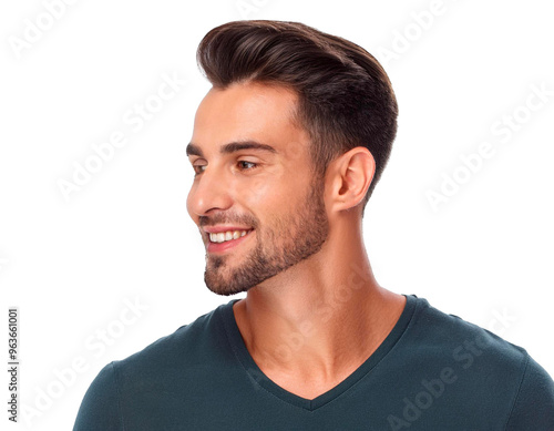 Handsome man, Happy guy, close-up, looking left, white background.