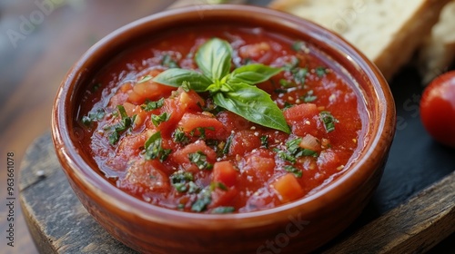 Marinara: The quintessential Italian dish is a classic bowl topped with fresh tomatoes, basil, and a vibrant red marinara sauce. photo