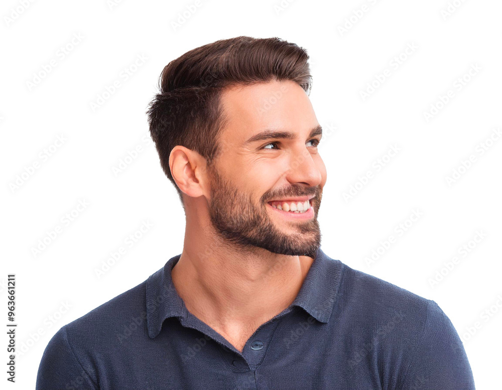Handsome man, Happy guy, close-up, looking right, white background. Handsome man, Happy guy, close-up, looking right, white background.