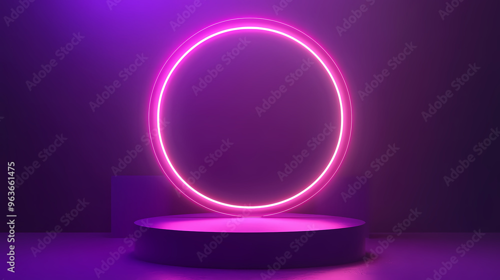 Purple product display podium with pink neon ring in modern style. Neon. Illustration Purple product display podium with pink neon ring in modern style. Neon. Illustration