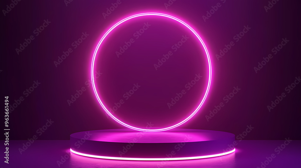 Purple product display podium with pink neon ring in modern style. Neon. Illustration Purple product display podium with pink neon ring in modern style. Neon. Illustration