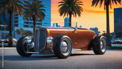 Obraz na płótnie Beautiful unique orange brown vintage hot rod car front view, automotive background, tuning template, wallpaper, auto transport w salonie