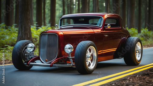 Obraz na płótnie Beautiful unique orange brown vintage hot rod car front view, automotive background, tuning template, wallpaper, auto transport w salonie
