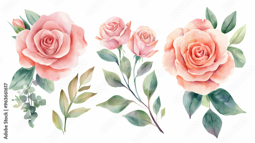 Set watercolor elements of pink roses; collection garden flowers; leaves; branches. botanic; illustration, eucalyptus; wedding floral design. Watercolor. Illustration Set watercolor elements of pink roses; collection garden flowers; leaves; branches. botanic; illustration, eucalyptus; wedding floral design. Watercolor. Illustration