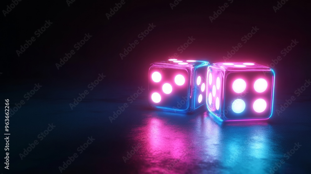 An all-black background features a neon 3D render of a dice casino game with cubes. Using two white die rolls, random numbers are moved. Night banner for board games, VIP gaming, and the Vegas online An all-black background features a neon 3D render of a dice casino game with cubes. Using two white die rolls, random numbers are moved. Night banner for board games, VIP gaming, and the Vegas online