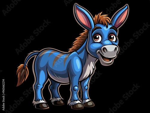 cartoon vector illustration of funny donkey, black isolated background, countryside farm life