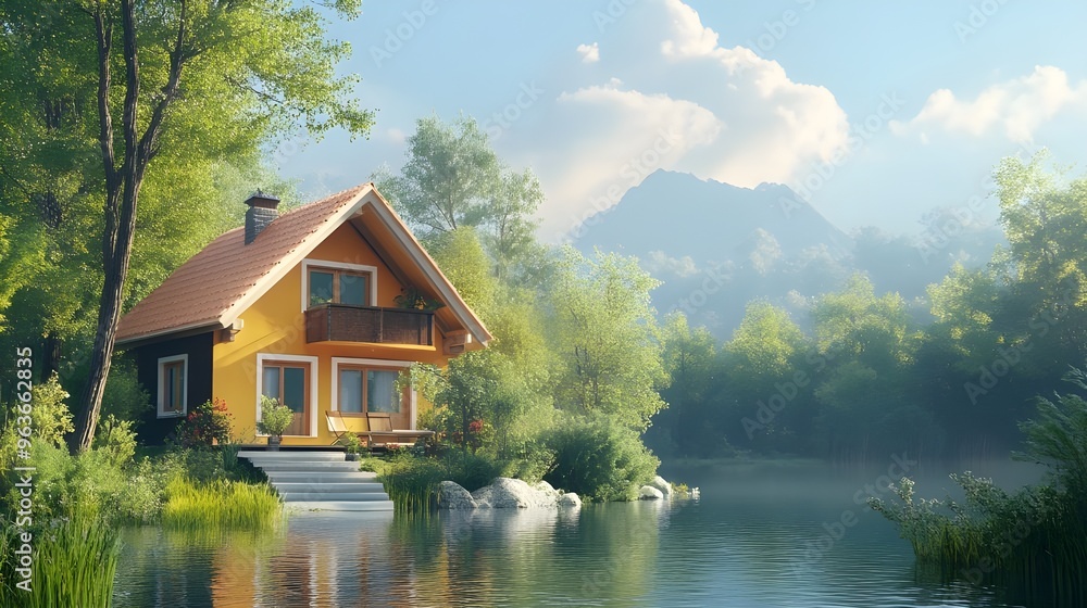 Fototapeta premium Concept of a house in a green environment with nature break picture