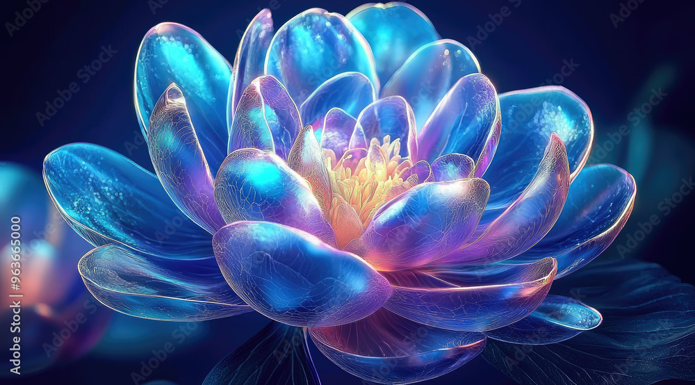 Obraz premium Glowing crystal lotus flower blooming in the dark