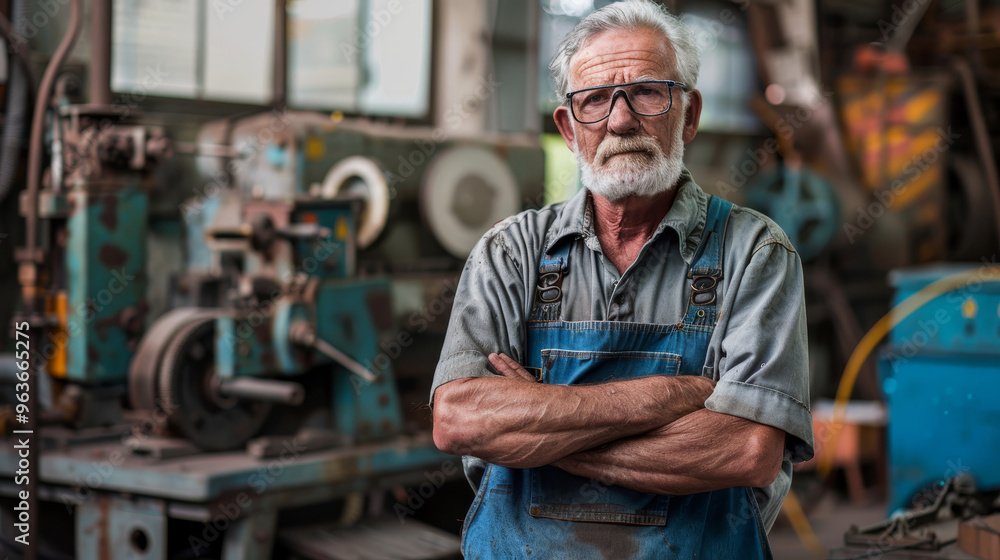 Older man in a car repair shop, surrounded by tools and machinery. Dressed in work clothes, he stands confidently amid the industrial setting. Older man in a car repair shop, surrounded by tools and machinery. Dressed in work clothes, he stands confidently amid the industrial setting.