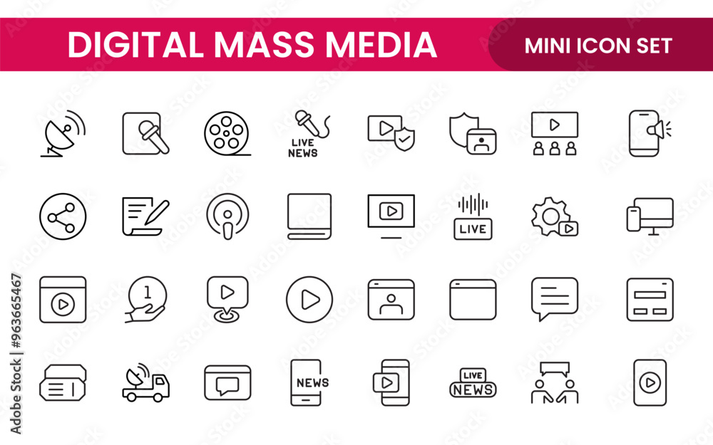 Mass media outline vector icons large set isolated on white background. media business concept. Media outline icons set. Mass media outline vector icons large set isolated on white background. media business concept. Media outline icons set.