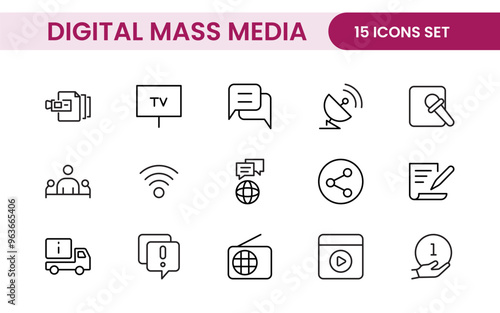 Mass media outline vector icons large set isolated on white background. media business concept. Media outline icons set.