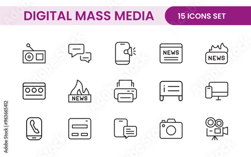 Mass media outline vector icons large set isolated on white background. media business concept. Media outline icons set.