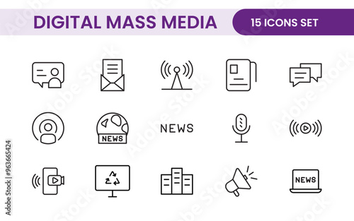 Mass media outline vector icons large set isolated on white background. media business concept. Media outline icons set.