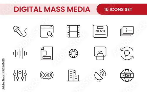 Mass media outline vector icons large set isolated on white background. media business concept. Media outline icons set.