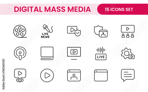 Mass media outline vector icons large set isolated on white background. media business concept. Media outline icons set.
