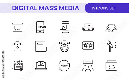 Mass media outline vector icons large set isolated on white background. media business concept. Media outline icons set.