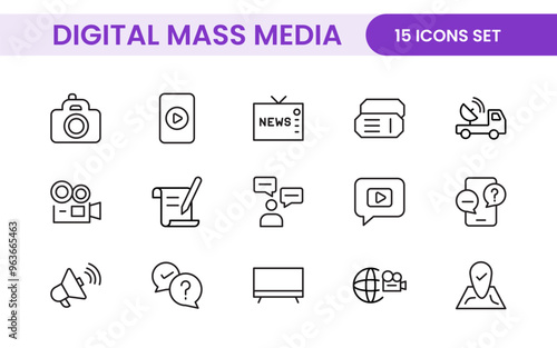 Mass media outline vector icons large set isolated on white background. media business concept. Media outline icons set.