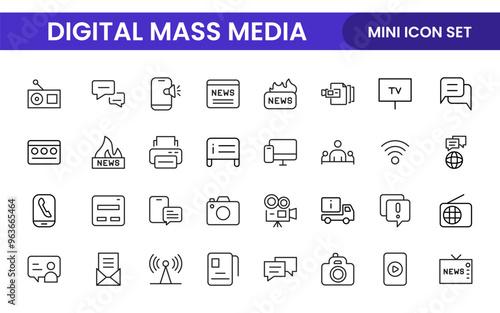 Mass media outline vector icons large set isolated on white background. media business concept. Media outline icons set.