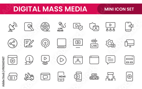Mass media outline vector icons large set isolated on white background. media business concept. Media outline icons set.