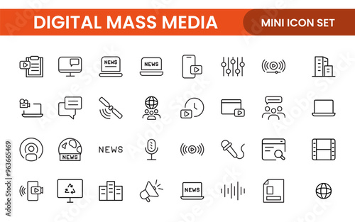 Mass media outline vector icons large set isolated on white background. media business concept. Media outline icons set.