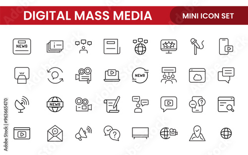 Mass media outline vector icons large set isolated on white background. media business concept. Media outline icons set.