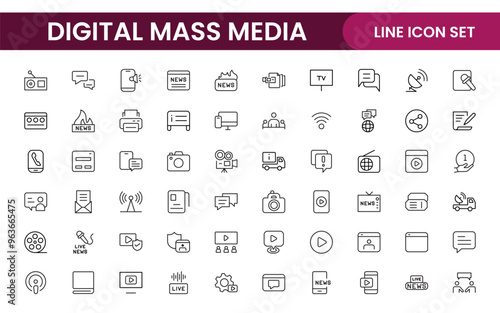 Mass media outline vector icons large set isolated on white background. media business concept. Media outline icons set.