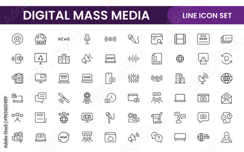 Mass media outline vector icons large set isolated on white background. media business concept. Media outline icons set.