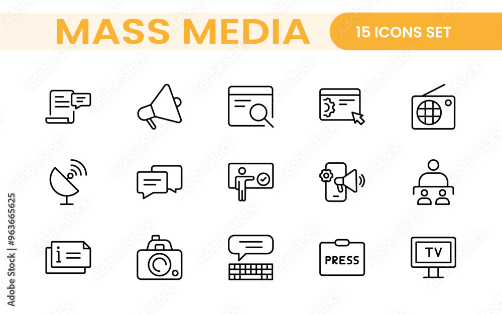 Mass media outline vector icons large set isolated on white background. media business concept. Media outline icons set. Mass media outline vector icons large set isolated on white background. media business concept. Media outline icons set.