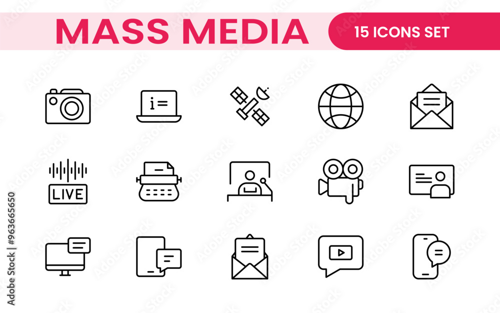 Mass media outline vector icons large set isolated on white background. media business concept. Media outline icons set. Mass media outline vector icons large set isolated on white background. media business concept. Media outline icons set.