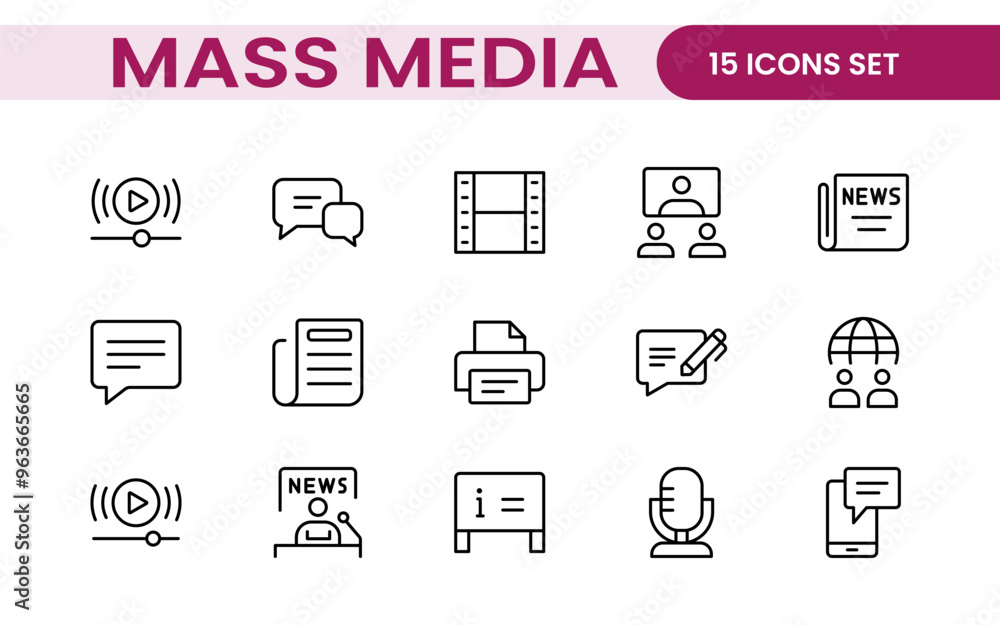 Mass media outline vector icons large set isolated on white background. media business concept. Media outline icons set. Mass media outline vector icons large set isolated on white background. media business concept. Media outline icons set.