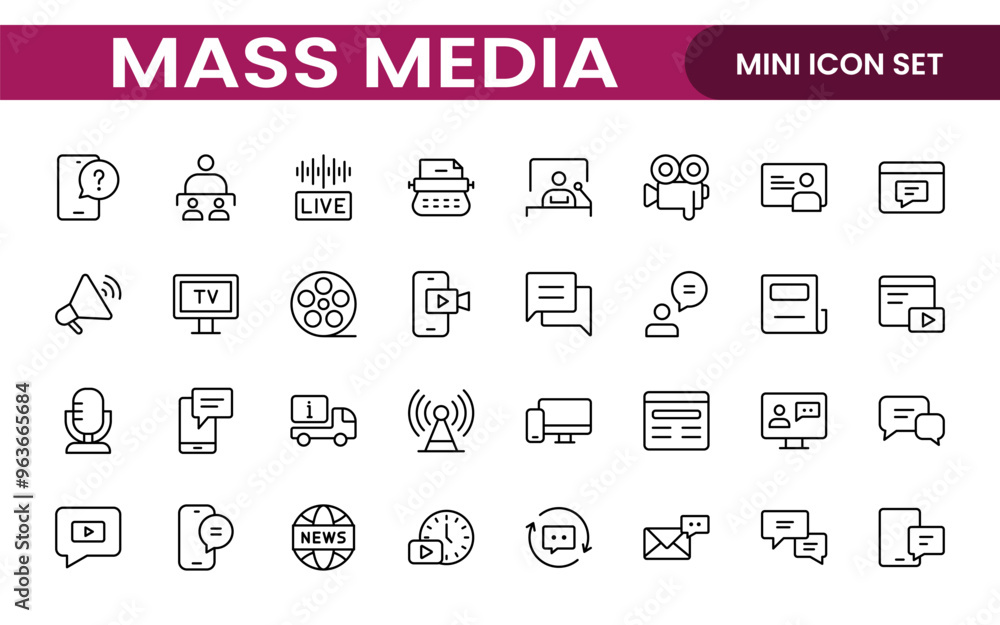 Mass media outline vector icons large set isolated on white background. media business concept. Media outline icons set. Mass media outline vector icons large set isolated on white background. media business concept. Media outline icons set.