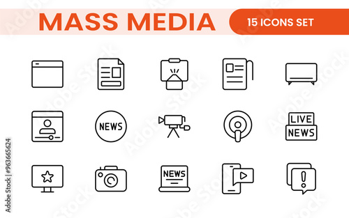 Mass media outline vector icons large set isolated on white background. media business concept. Media outline icons set.