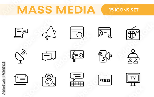 Mass media outline vector icons large set isolated on white background. media business concept. Media outline icons set.