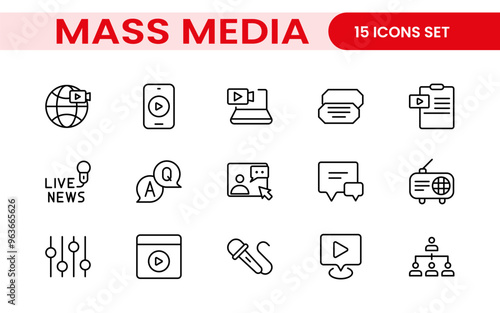 Mass media outline vector icons large set isolated on white background. media business concept. Media outline icons set.