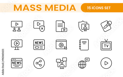 Mass media outline vector icons large set isolated on white background. media business concept. Media outline icons set.