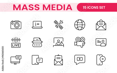 Mass media outline vector icons large set isolated on white background. media business concept. Media outline icons set.