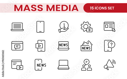 Mass media outline vector icons large set isolated on white background. media business concept. Media outline icons set.