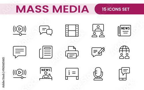Mass media outline vector icons large set isolated on white background. media business concept. Media outline icons set.